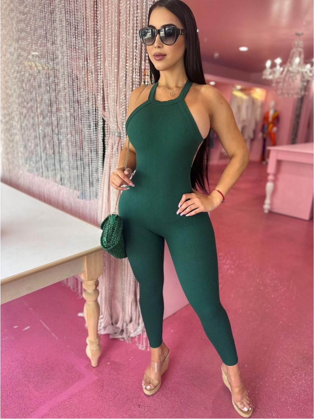 Ribbed Halter Jumpsuit in Dark Green
